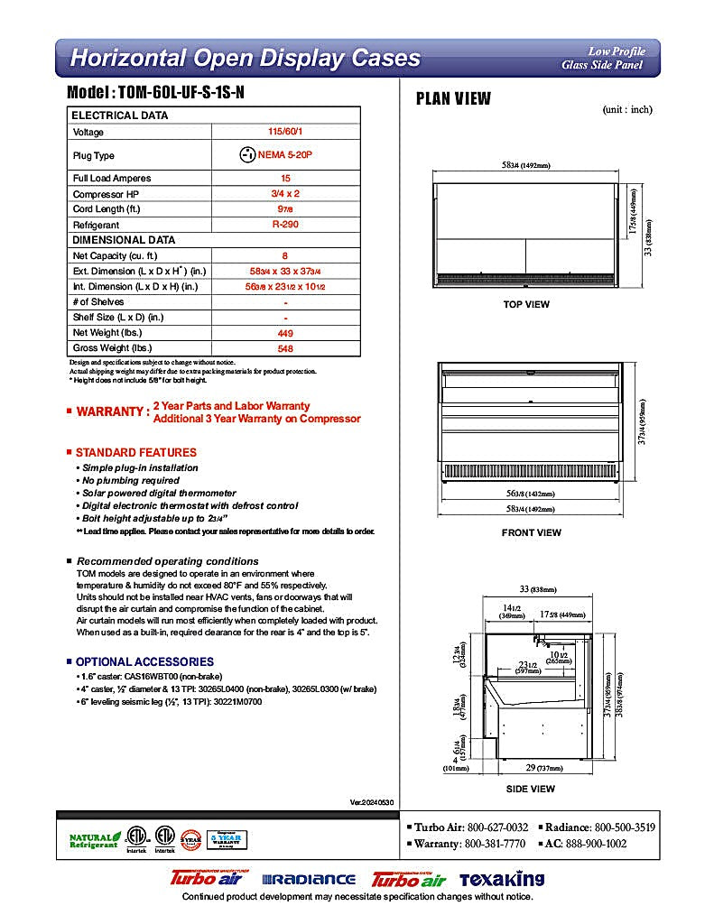 Turbo Air TOM-60L-UF-S-1S-N 58 3/4" Stainless Steel Low Profile Horizontal Open Air Cooler w/ (1) Level – Ultra Front Merchandiser, 115v - Donut-Equipment.com