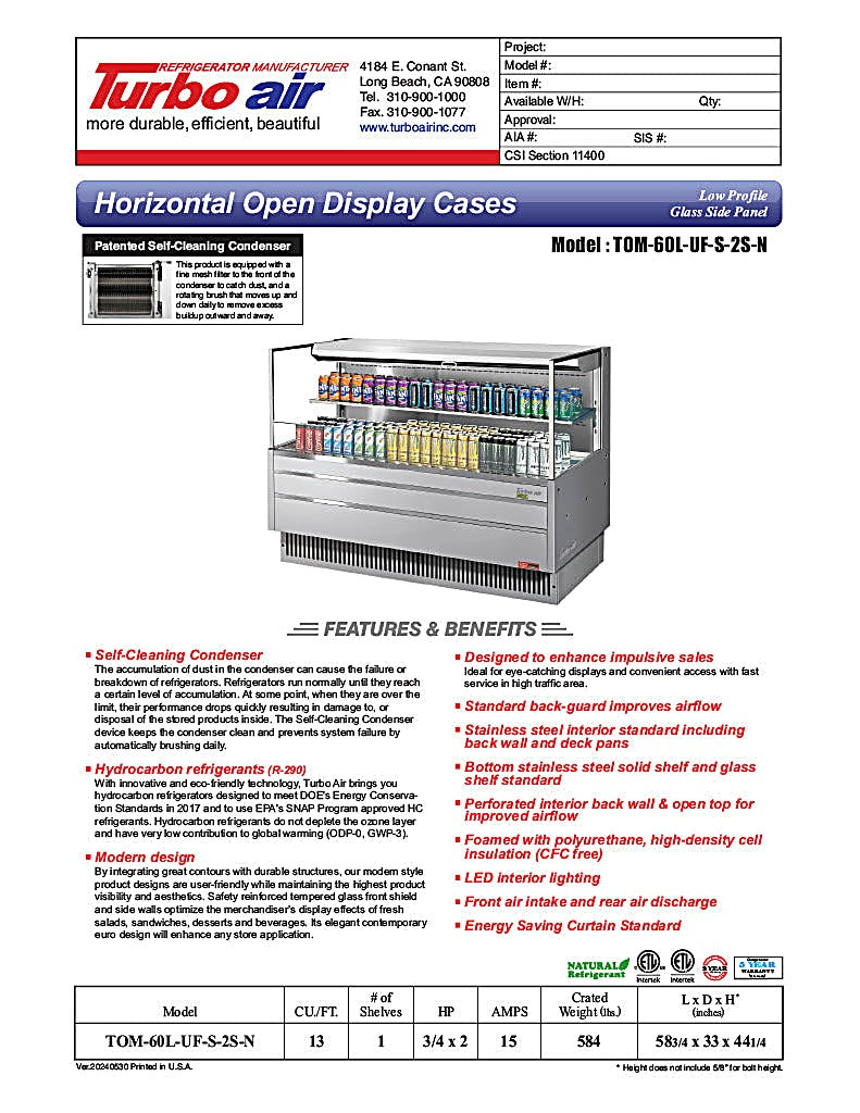 Turbo Air TOM-60L-UF-S-2S-N 58 3/4" Stainless Steel Low Profile Horizontal Open Air Cooler w/ (2) Levels – Ultra Front Merchandiser, 115v - Donut-Equipment.com