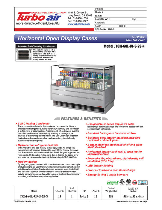 Turbo Air TOM-60L-UF-S-2S-N 58 3/4" Stainless Steel Low Profile Horizontal Open Air Cooler w/ (2) Levels – Ultra Front Merchandiser, 115v - Bakery Wholesalers
