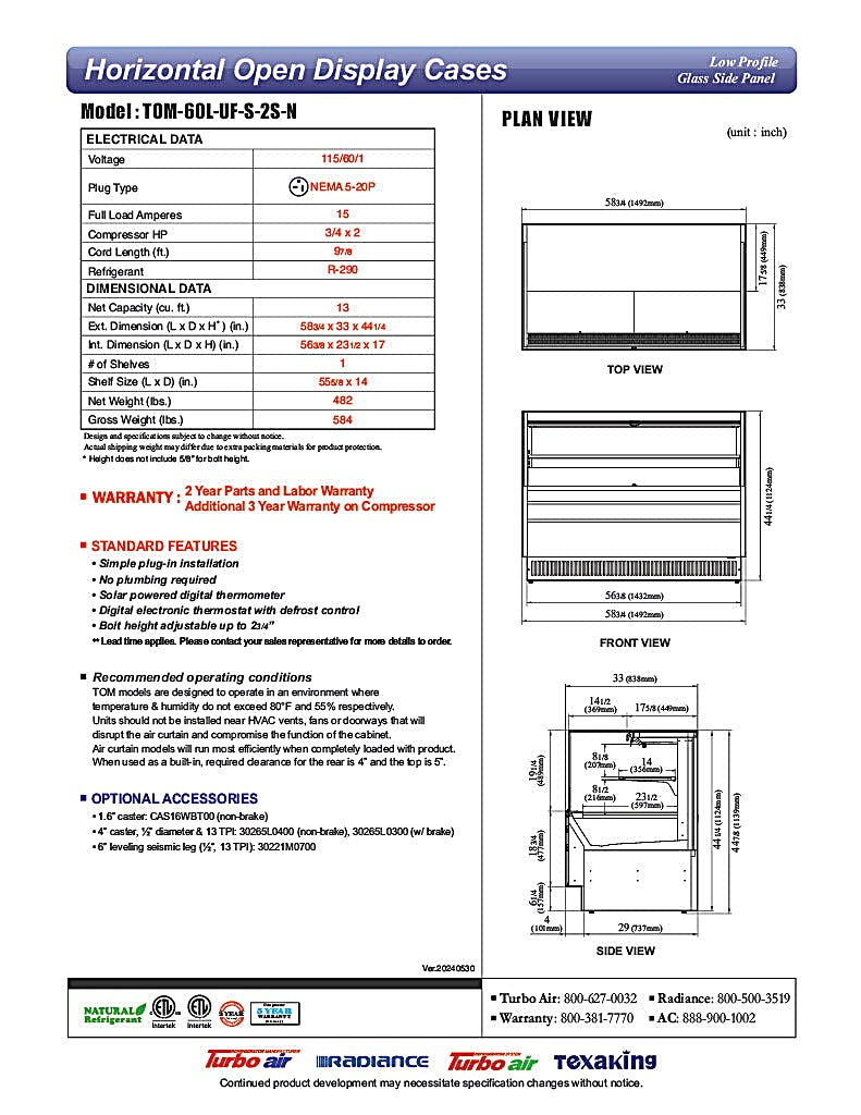 Turbo Air TOM-60L-UF-S-2S-N 58 3/4" Stainless Steel Low Profile Horizontal Open Air Cooler w/ (2) Levels – Ultra Front Merchandiser, 115v - Donut-Equipment.com