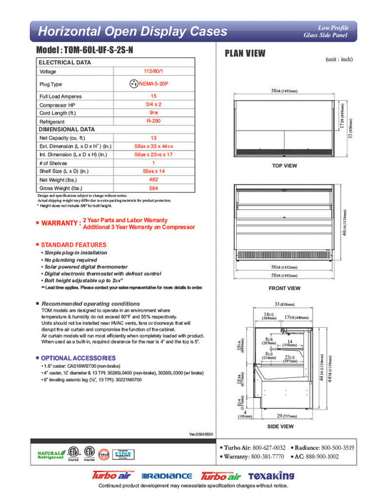 Turbo Air TOM-60L-UF-S-2S-N 58 3/4" Stainless Steel Low Profile Horizontal Open Air Cooler w/ (2) Levels – Ultra Front Merchandiser, 115v - Bakery Wholesalers