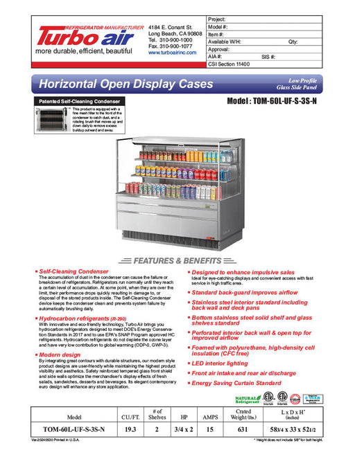 Turbo Air TOM-60L-UF-S-3S-N 58 3/4" Stainless Steel Low Profile Horizontal Open Air Cooler w/ (3) Levels – Ultra Front Merchandiser, 115v - Bakery Wholesalers