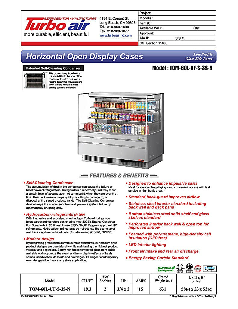 Turbo Air TOM-60L-UF-S-3S-N 58 3/4" Stainless Steel Low Profile Horizontal Open Air Cooler w/ (3) Levels – Ultra Front Merchandiser, 115v - Donut-Equipment.com
