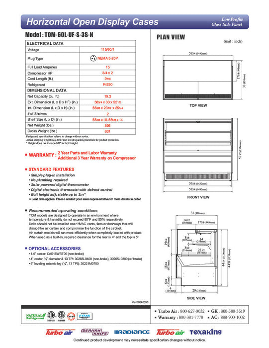 Turbo Air TOM-60L-UF-S-3S-N 58 3/4" Stainless Steel Low Profile Horizontal Open Air Cooler w/ (3) Levels – Ultra Front Merchandiser, 115v - Bakery Wholesalers