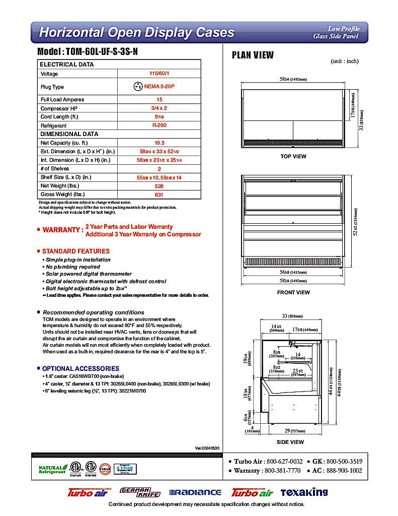 Turbo Air TOM-60L-UF-S-3S-N 58 3/4" Stainless Steel Low Profile Horizontal Open Air Cooler w/ (3) Levels – Ultra Front Merchandiser, 115v - Donut-Equipment.com