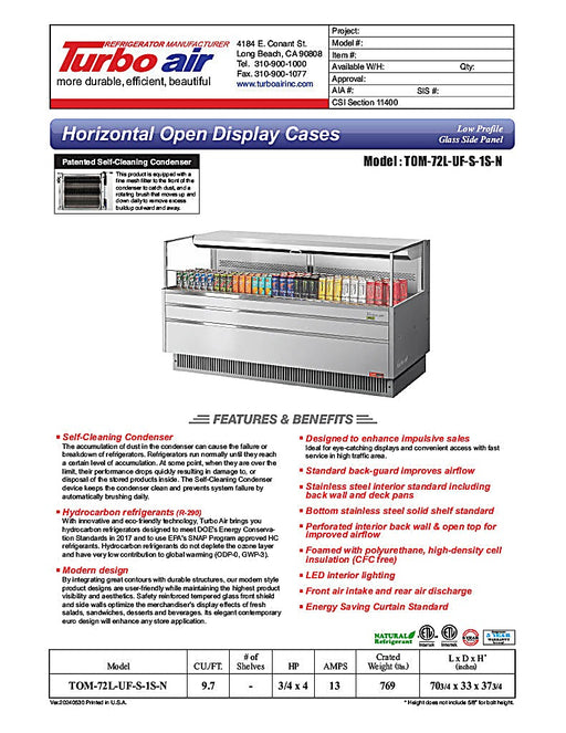 Turbo Air TOM-72L-UF-S-1S-N 70 3/4" Stainless Steel Low Profile Horizontal Open Air Cooler w/ (1) Level – Ultra Front Merchandiser, 220v/1ph - Donut-Equipment.com