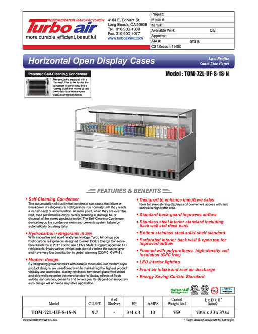 Turbo Air TOM-72L-UF-S-1S-N 70 3/4" Stainless Steel Low Profile Horizontal Open Air Cooler w/ (1) Level – Ultra Front Merchandiser, 220v/1ph - Bakery Wholesalers