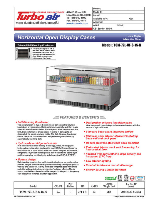 Turbo Air TOM-72L-UF-S-1S-N 70 3/4" Stainless Steel Low Profile Horizontal Open Air Cooler w/ (1) Level – Ultra Front Merchandiser, 220v/1ph - Bakery Wholesalers