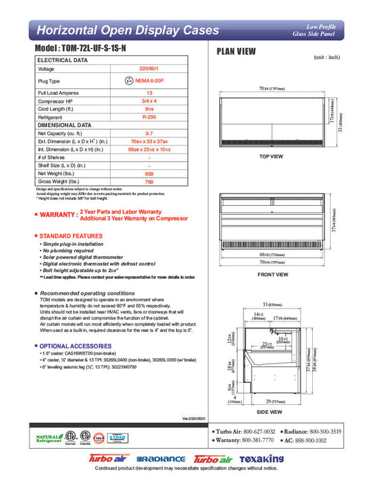 Turbo Air TOM-72L-UF-S-1S-N 70 3/4" Stainless Steel Low Profile Horizontal Open Air Cooler w/ (1) Level – Ultra Front Merchandiser, 220v/1ph - Bakery Wholesalers