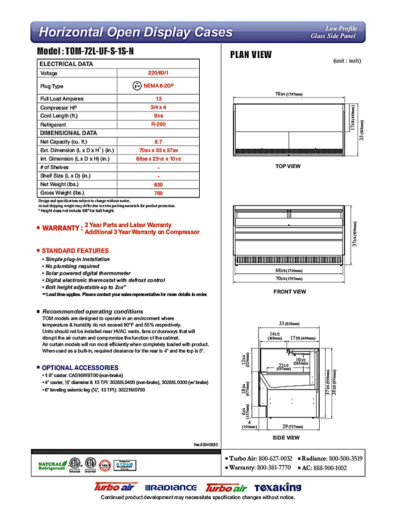 Turbo Air TOM-72L-UF-S-1S-N 70 3/4" Stainless Steel Low Profile Horizontal Open Air Cooler w/ (1) Level – Ultra Front Merchandiser, 220v/1ph - Donut-Equipment.com