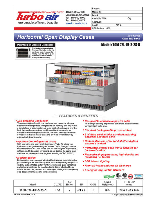 Turbo Air TOM-72L-UF-S-2S-N 70 3/4" Stainless Steel Low Profile Horizontal Open Air Cooler w/ (2) Levels – Ultra Front Merchandiser, 220v/1ph - Bakery Wholesalers