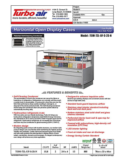 Turbo Air TOM-72L-UF-S-2S-N 70 3/4" Stainless Steel Low Profile Horizontal Open Air Cooler w/ (2) Levels – Ultra Front Merchandiser, 220v/1ph - Donut-Equipment.com