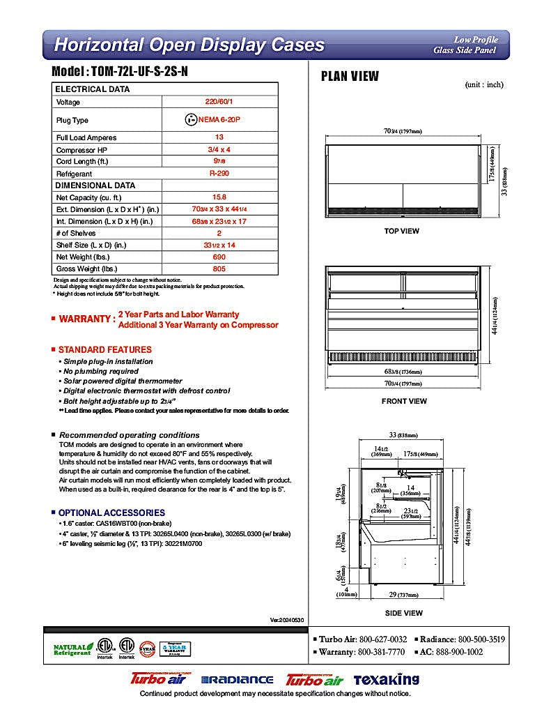 Turbo Air TOM-72L-UF-S-2S-N 70 3/4" Stainless Steel Low Profile Horizontal Open Air Cooler w/ (2) Levels – Ultra Front Merchandiser, 220v/1ph - Donut-Equipment.com
