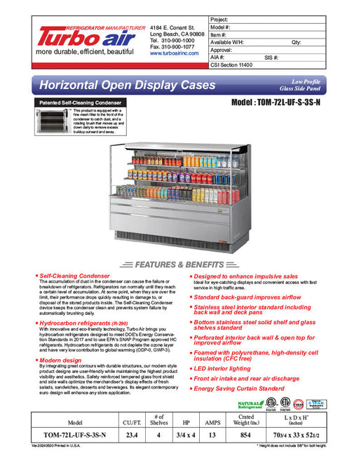 Turbo Air TOM-72L-UF-S-3S-N 70 3/4" Stainless Steel Low Profile Horizontal Open Air Cooler w/ (3) Levels – Ultra Front Merchandiser, 220v/1ph - Bakery Wholesalers