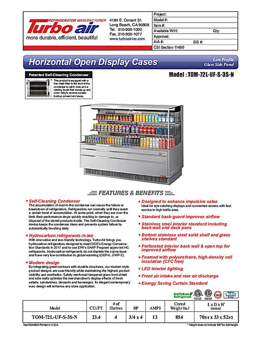 Turbo Air TOM-72L-UF-S-3S-N 70 3/4" Stainless Steel Low Profile Horizontal Open Air Cooler w/ (3) Levels – Ultra Front Merchandiser, 220v/1ph - Donut-Equipment.com