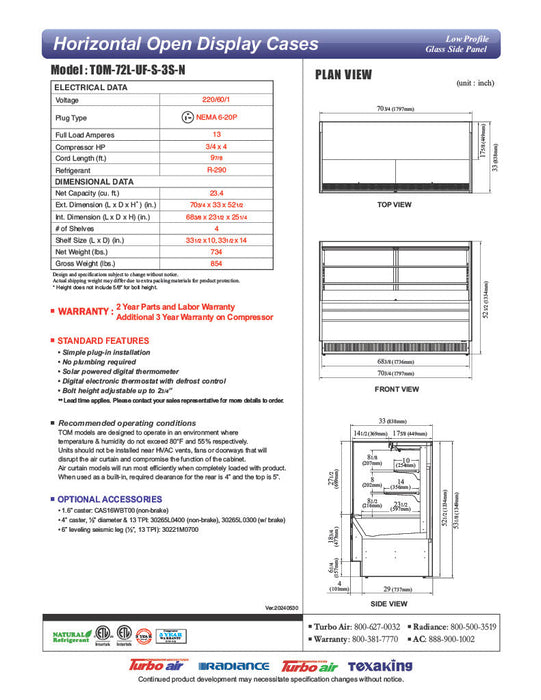 Turbo Air TOM-72L-UF-S-3S-N 70 3/4" Stainless Steel Low Profile Horizontal Open Air Cooler w/ (3) Levels – Ultra Front Merchandiser, 220v/1ph - Bakery Wholesalers