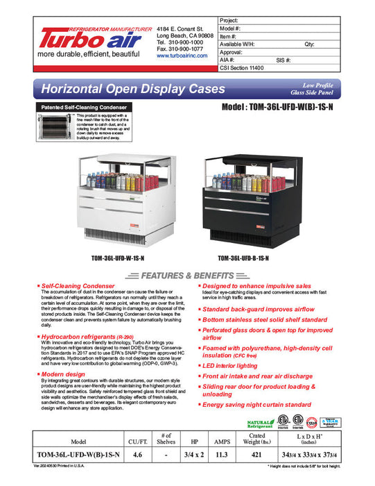 Turbo Air TOM-36L-UFD-W-1S-N 34 3/4" White Low Profile Horizontal Open Air Cooler w/ (1) Level – Ultra Front Deluxe Merchandiser, 115v - Bakery Wholesalers