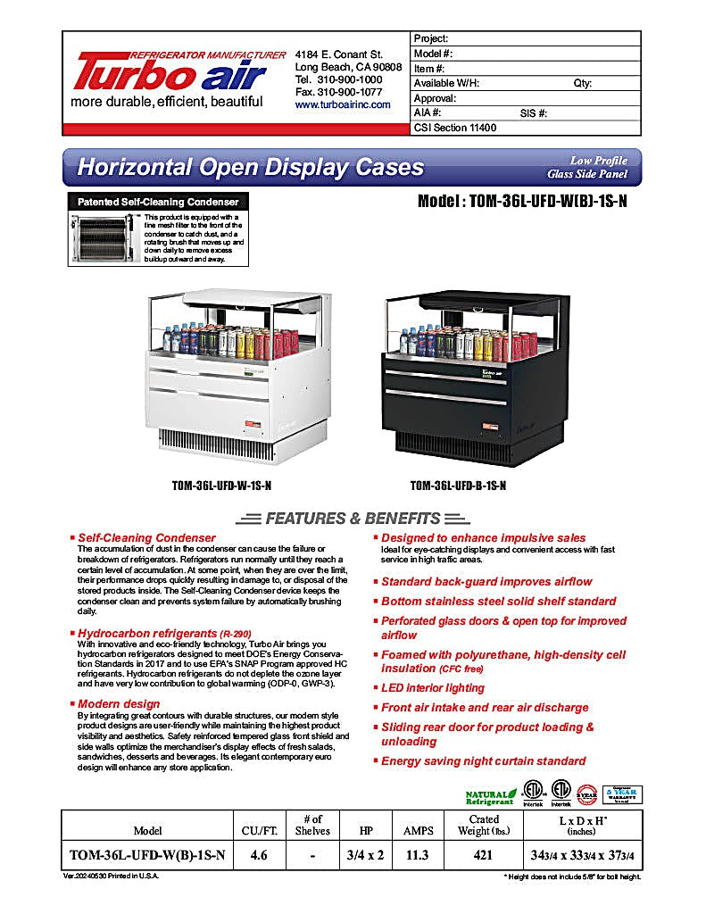 Turbo Air TOM-36L-UFD-W-1S-N 34 3/4" White Low Profile Horizontal Open Air Cooler w/ (1) Level – Ultra Front Deluxe Merchandiser, 115v - Donut-Equipment.com