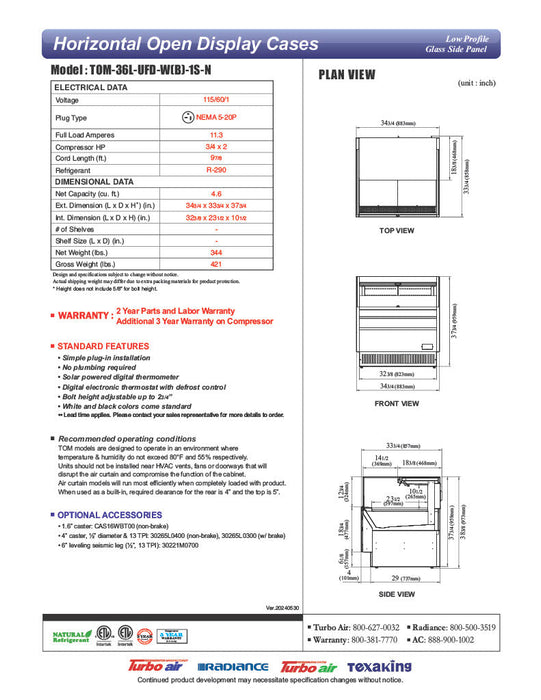 Turbo Air TOM-36L-UFD-W-1S-N 34 3/4" White Low Profile Horizontal Open Air Cooler w/ (1) Level – Ultra Front Deluxe Merchandiser, 115v - Bakery Wholesalers