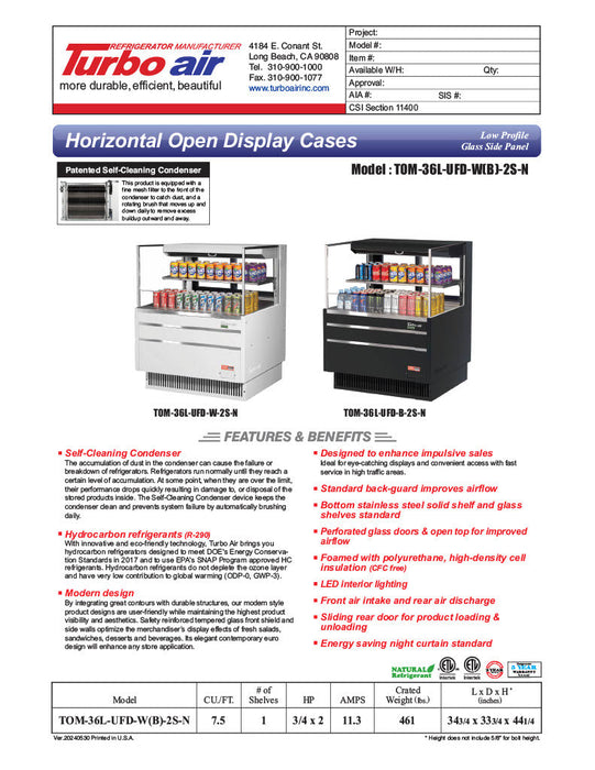 Turbo Air TOM-36L-UFD-B-2S-N 34 3/4" Black Low Profile Horizontal Open Air Cooler w/ (2) Levels – Ultra Front Deluxe Merchandiser, 115v - Bakery Wholesalers