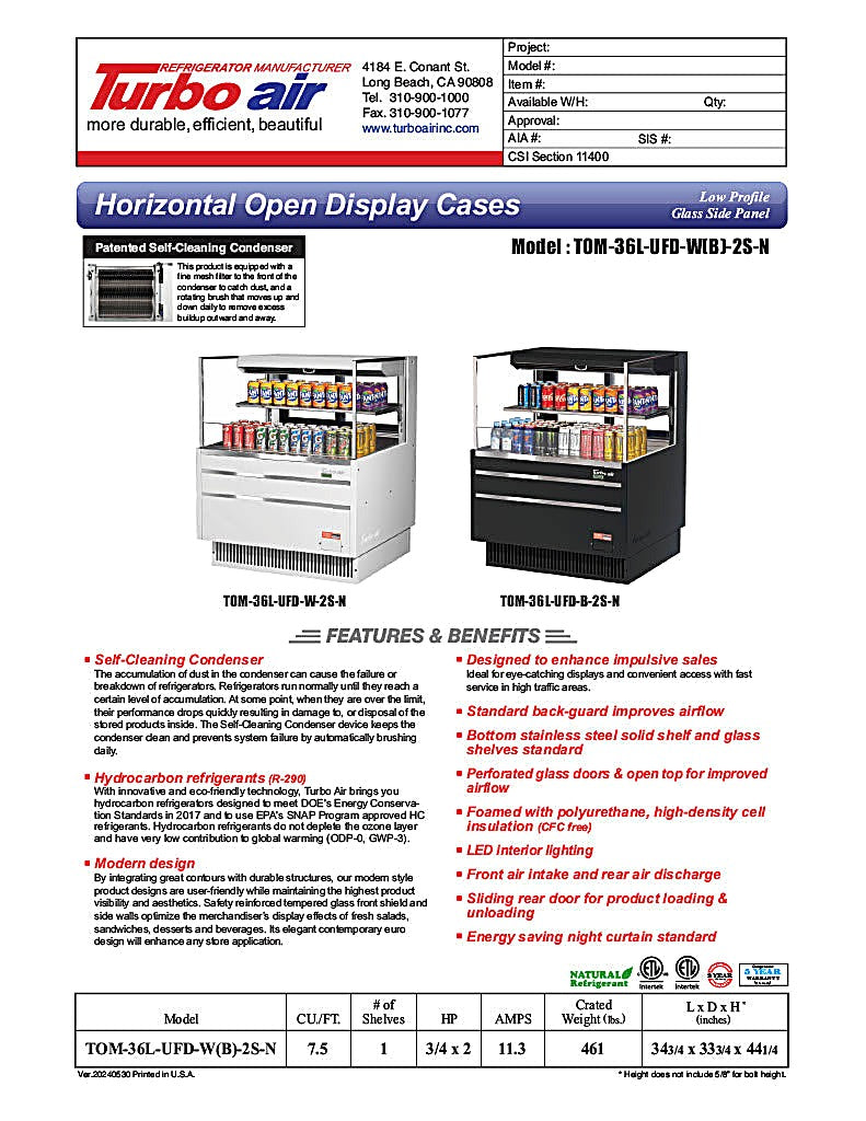 Turbo Air TOM-36L-UFD-W-2S-N 34 3/4" White Low Profile Horizontal Open Air Cooler w/ (2) Levels – Ultra Front Deluxe Merchandiser, 115v - Donut-Equipment.com