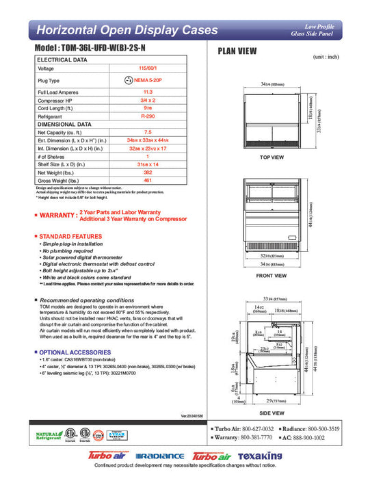Turbo Air TOM-36L-UFD-W-2S-N 34 3/4" White Low Profile Horizontal Open Air Cooler w/ (2) Levels – Ultra Front Deluxe Merchandiser, 115v - Bakery Wholesalers