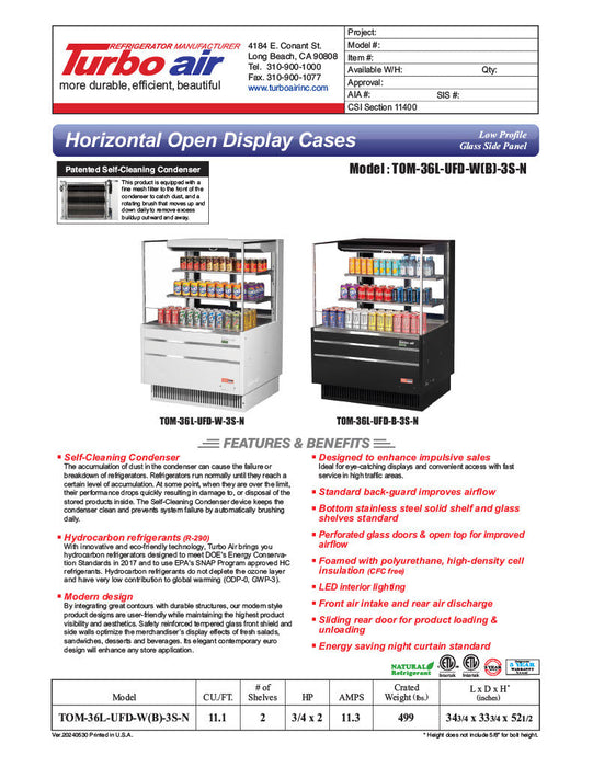 Turbo Air TOM-36L-UFD-W-3S-N 34 3/4" White Low Profile Horizontal Open Air Cooler w/ (3) Levels – Ultra Front Deluxe Merchandiser, 115v - Bakery Wholesalers