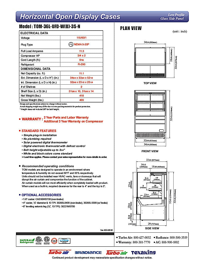 Turbo Air TOM-36L-UFD-W-3S-N 34 3/4" White Low Profile Horizontal Open Air Cooler w/ (3) Levels – Ultra Front Deluxe Merchandiser, 115v - Donut-Equipment.com