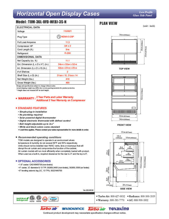 Turbo Air TOM-36L-UFD-W-3S-N 34 3/4" White Low Profile Horizontal Open Air Cooler w/ (3) Levels – Ultra Front Deluxe Merchandiser, 115v - Bakery Wholesalers