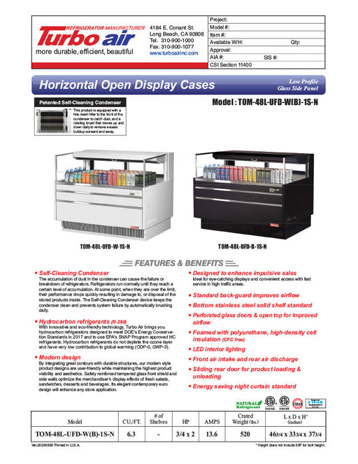 Turbo Air TOM-48L-UFD-W-1S-N 46 3/4" White Low Profile Horizontal Open Air Cooler w/ (1) Level – Ultra Front Deluxe Merchandiser, 115v - Bakery Wholesalers