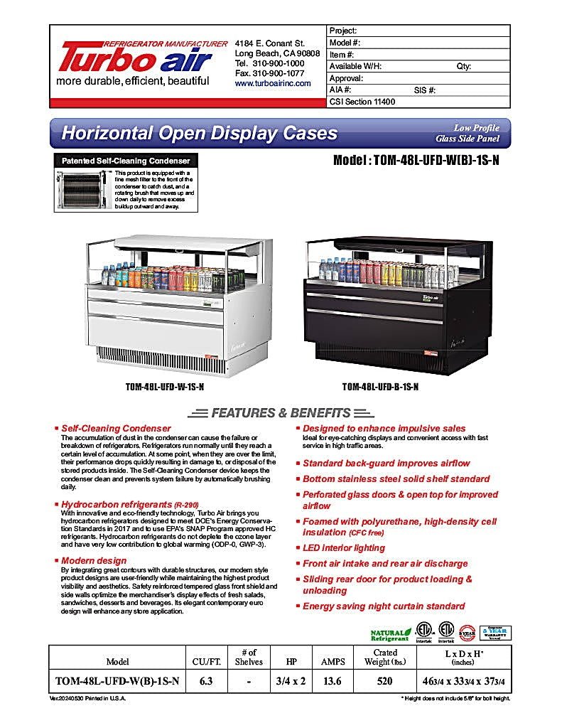 Turbo Air TOM-48L-UFD-W-1S-N 46 3/4" White Low Profile Horizontal Open Air Cooler w/ (1) Level – Ultra Front Deluxe Merchandiser, 115v - Donut-Equipment.com