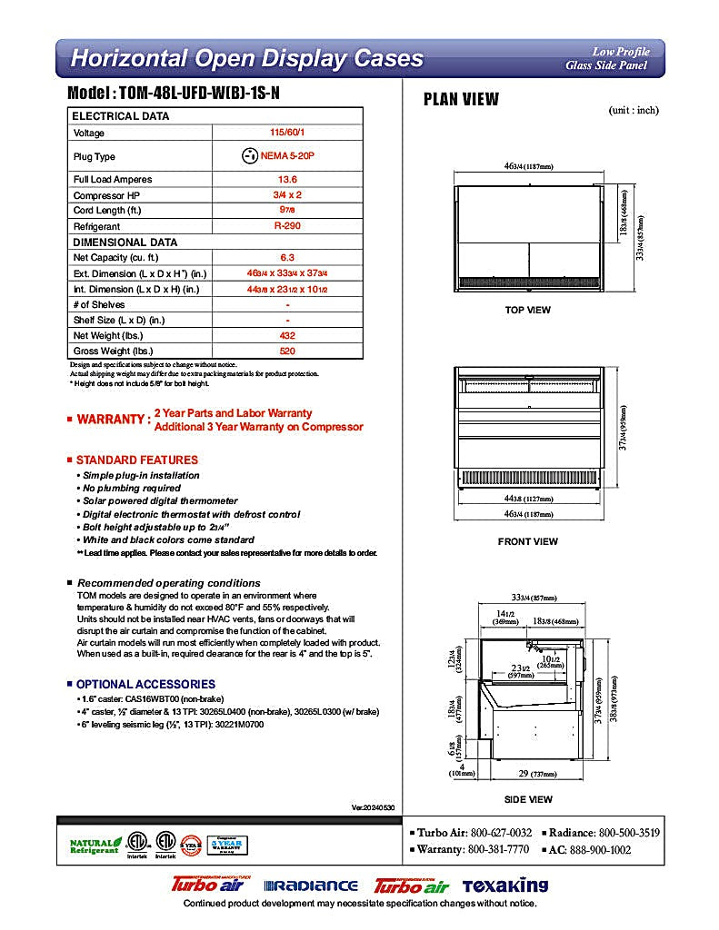 Turbo Air TOM-48L-UFD-W-1S-N 46 3/4" White Low Profile Horizontal Open Air Cooler w/ (1) Level – Ultra Front Deluxe Merchandiser, 115v - Donut-Equipment.com