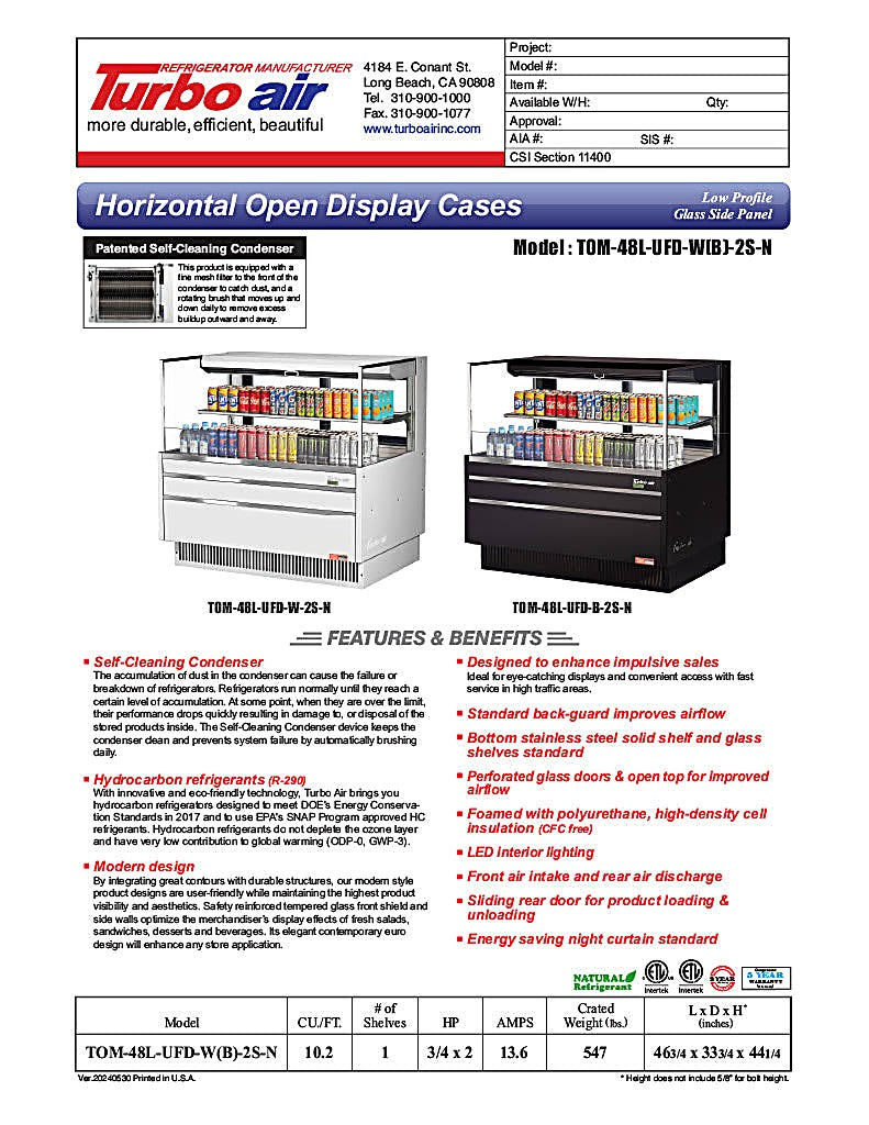 Turbo Air TOM-48L-UFD-W-2S-N 46 3/4" White Low Profile Horizontal Open Air Cooler w/ (2) Levels – Ultra Front Deluxe Merchandiser, 115v - Donut-Equipment.com