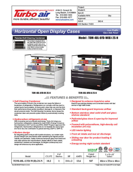 Turbo Air TOM-48L-UFD-B-2S-N 46 3/4" Black Low Profile Horizontal Open Air Cooler w/ (2) Levels – Ultra Front Deluxe Merchandiser, 115v - Bakery Wholesalers