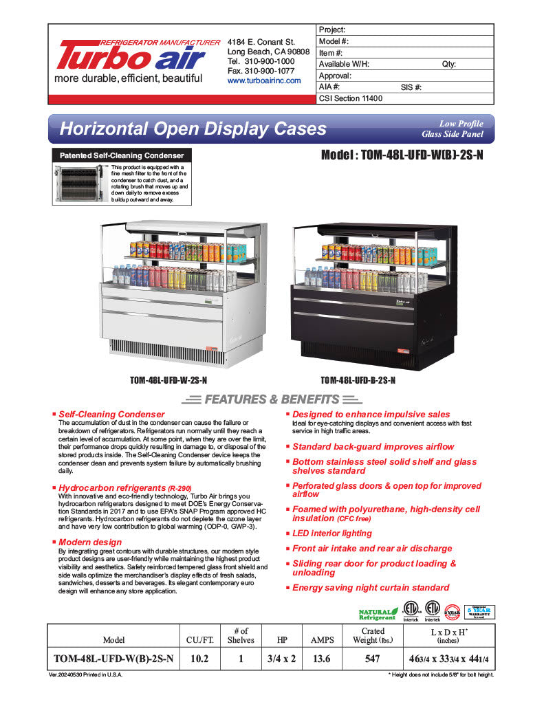 Turbo Air TOM-48L-UFD-W-2S-N 46 3/4" White Low Profile Horizontal Open Air Cooler w/ (2) Levels – Ultra Front Deluxe Merchandiser, 115v - Donut-Equipment.com