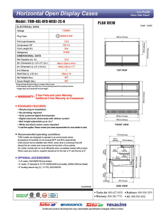 Turbo Air TOM-48L-UFD-W-2S-N 46 3/4" White Low Profile Horizontal Open Air Cooler w/ (2) Levels – Ultra Front Deluxe Merchandiser, 115v - Bakery Wholesalers