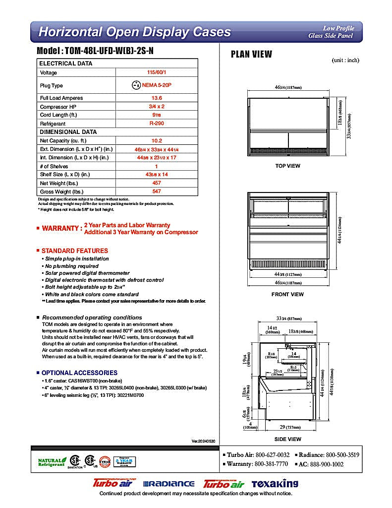 Turbo Air TOM-48L-UFD-W-2S-N 46 3/4" White Low Profile Horizontal Open Air Cooler w/ (2) Levels – Ultra Front Deluxe Merchandiser, 115v - Donut-Equipment.com