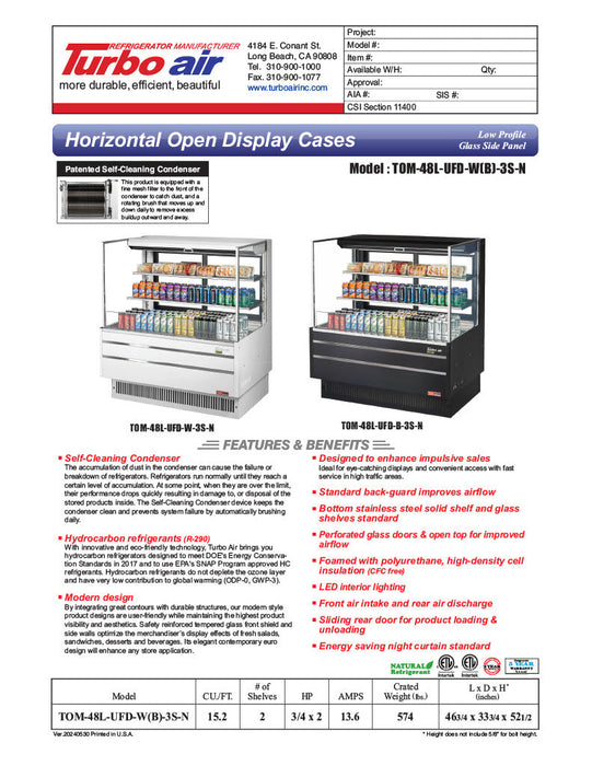 Turbo Air TOM-48L-UFD-B-3S-N 46 3/4" Black Low Profile Horizontal Open Air Cooler w/ (3) Levels – Ultra Front Deluxe Merchandiser, 115v - Bakery Wholesalers