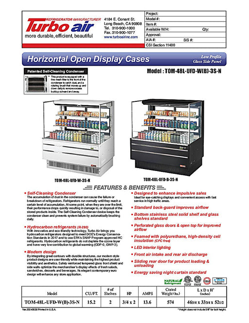 Turbo Air TOM-48L-UFD-W-3S-N 46 3/4" White Low Profile Horizontal Open Air Cooler w/ (3) Levels – Ultra Front Deluxe Merchandiser, 115v - Donut-Equipment.com