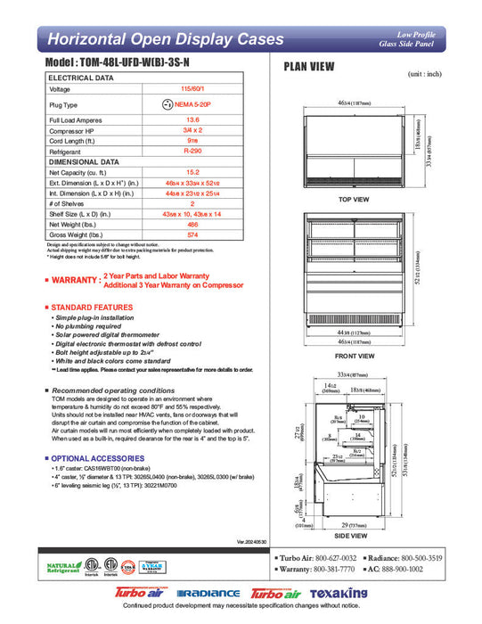 Turbo Air TOM-48L-UFD-W-3S-N 46 3/4" White Low Profile Horizontal Open Air Cooler w/ (3) Levels – Ultra Front Deluxe Merchandiser, 115v - Bakery Wholesalers