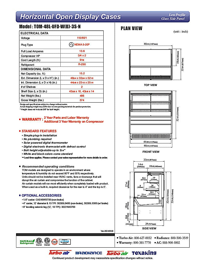 Turbo Air TOM-48L-UFD-W-3S-N 46 3/4" White Low Profile Horizontal Open Air Cooler w/ (3) Levels – Ultra Front Deluxe Merchandiser, 115v - Donut-Equipment.com