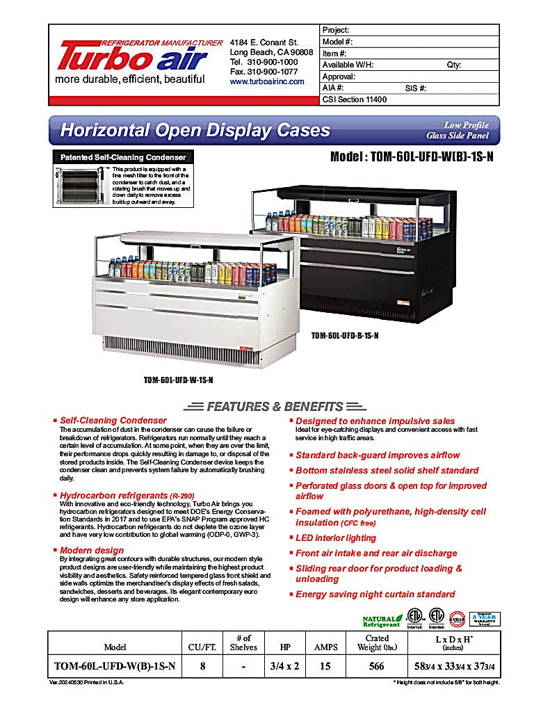 Turbo Air TOM-60L-UFD-W-1S-N 58 3/4" White Low Profile Horizontal Open Air Cooler w/ (1) Level – Ultra Front Deluxe Merchandiser, 115v - Donut-Equipment.com