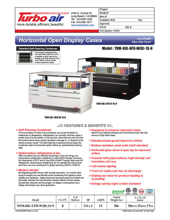 Turbo Air TOM-60L-UFD-W-1S-N 58 3/4" White Low Profile Horizontal Open Air Cooler w/ (1) Level – Ultra Front Deluxe Merchandiser, 115v - Bakery Wholesalers