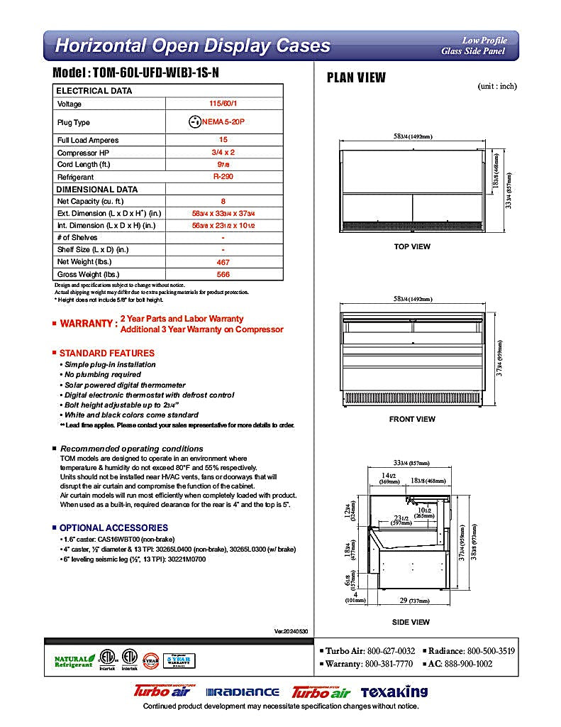Turbo Air TOM-60L-UFD-W-1S-N 58 3/4" White Low Profile Horizontal Open Air Cooler w/ (1) Level – Ultra Front Deluxe Merchandiser, 115v - Donut-Equipment.com