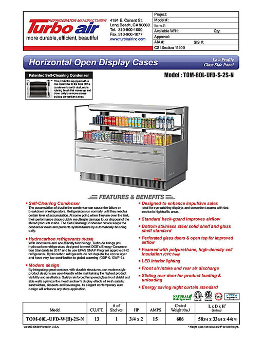 Turbo Air TOM-60L-UFD-W-2S-N 58 3/4" White Low Profile Horizontal Open Air Cooler w/ (2) Levels – Ultra Front Deluxe Merchandiser, 115v - Donut-Equipment.com