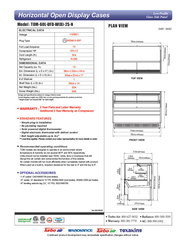 Turbo Air TOM-60L-UFD-W-2S-N 58 3/4" White Low Profile Horizontal Open Air Cooler w/ (2) Levels – Ultra Front Deluxe Merchandiser, 115v - Donut-Equipment.com