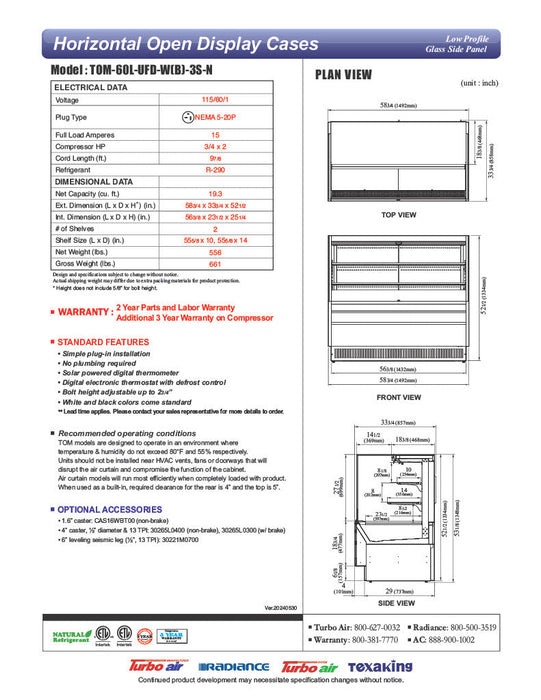 Turbo Air TOM-60L-UFD-W-3S-N 58 3/4"  White Low Profile Horizontal Open Air Cooler w/ (3) Levels – Ultra Front Deluxe Merchandiser, 115v - Bakery Wholesalers