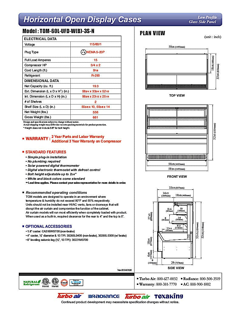 Turbo Air TOM-60L-UFD-W-3S-N 58 3/4"  White Low Profile Horizontal Open Air Cooler w/ (3) Levels – Ultra Front Deluxe Merchandiser, 115v - Donut-Equipment.com