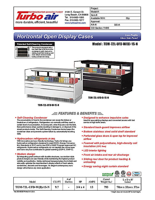 Turbo Air TOM-72L-UFD-W-1S-N 70 3/4" White Low Profile Horizontal Open Air Cooler w/ (1) Level – Ultra Front Deluxe Merchandiser, 220v/1ph - Donut-Equipment.com
