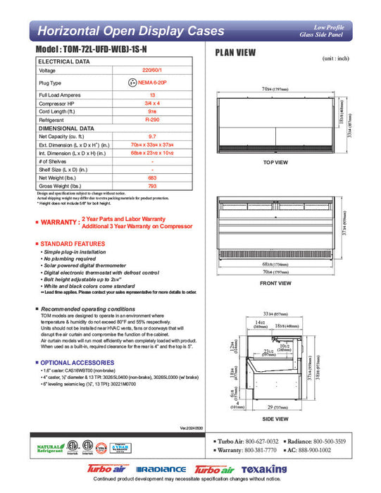Turbo Air TOM-72L-UFD-W-1S-N 70 3/4" White Low Profile Horizontal Open Air Cooler w/ (1) Level – Ultra Front Deluxe Merchandiser, 220v/1ph - Donut-Equipment.com